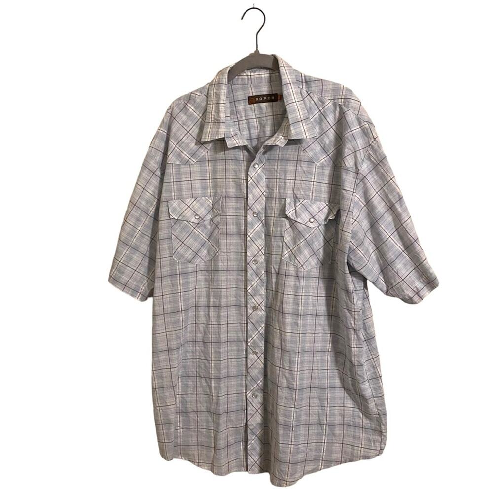 Roper Light Blue Plaid Pearl Snap Long Sleeve‎ Shirt 2XL